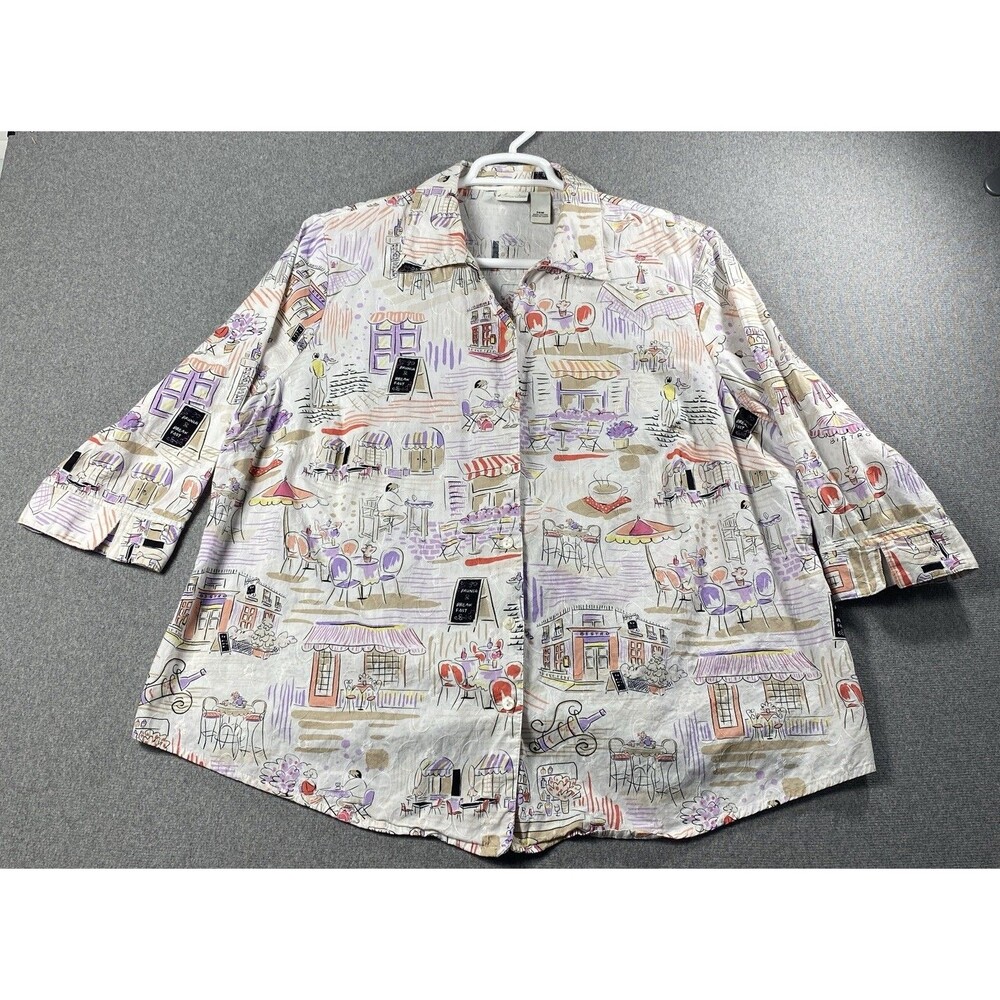 Kim Rogers Women Plus Breakfast Brunch Button Down Shirt 3/4 Sleeve Sz 24W Embrd